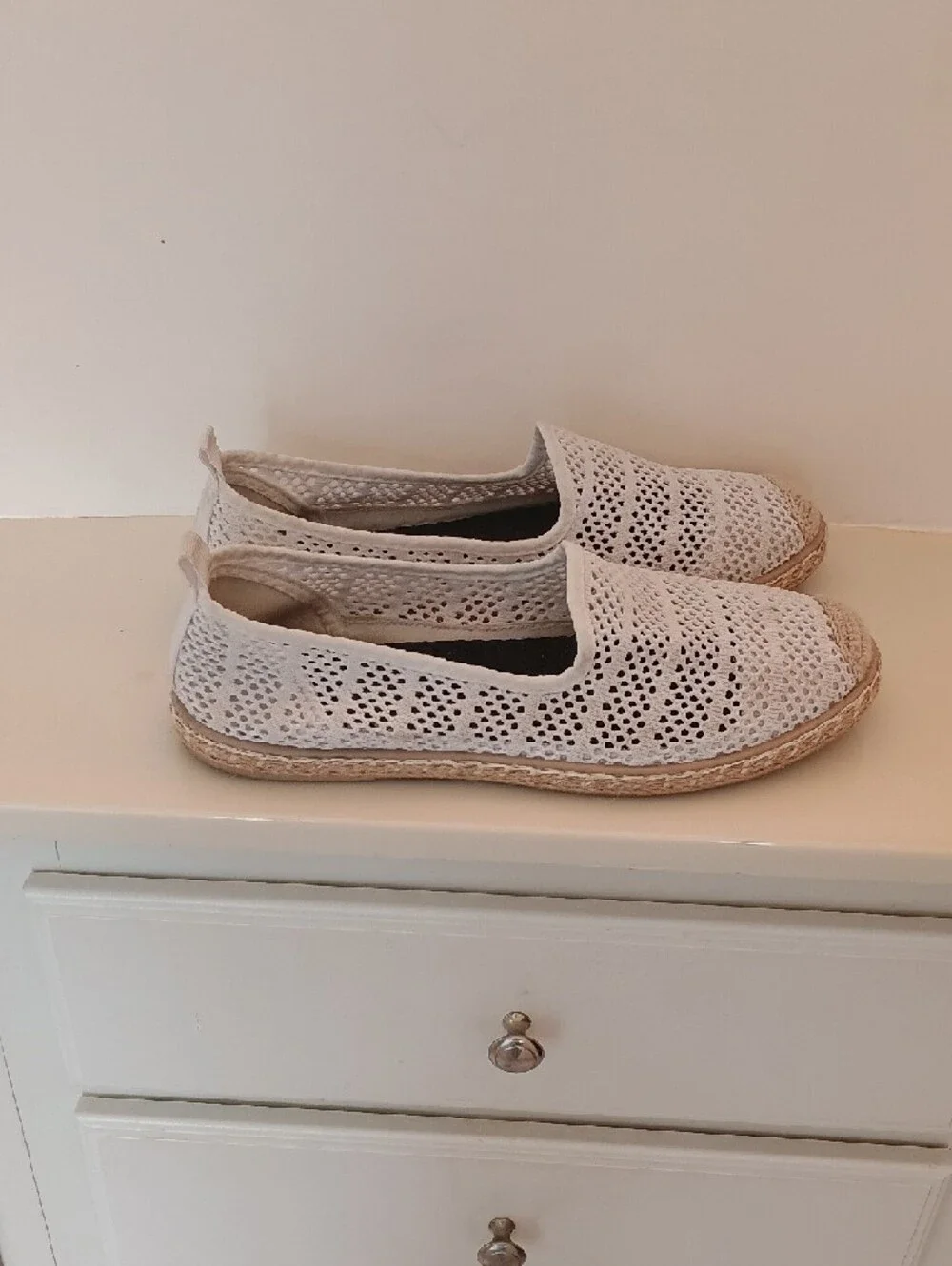 Women’s White Crochet Espadrille Heart Design Slip-On Shoes Flats